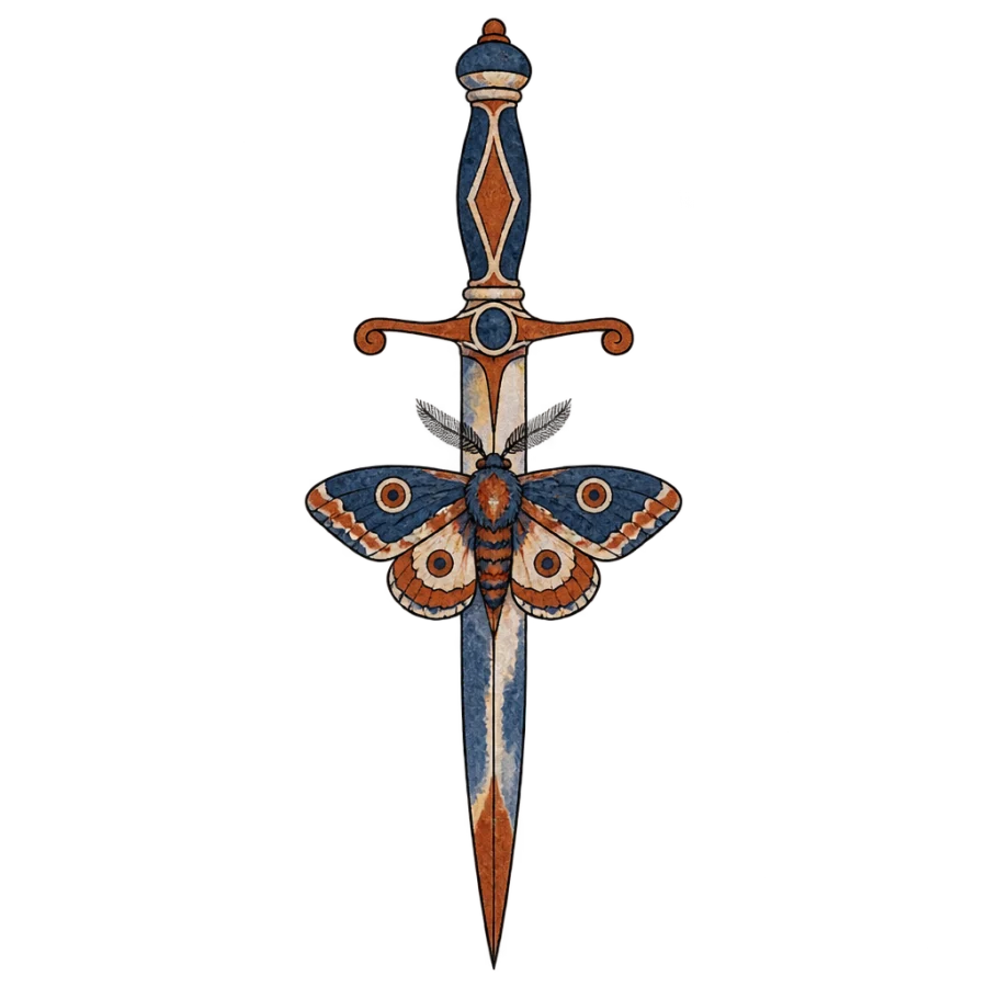 Watercolor dagger tattoo design with a moth resting on the blade