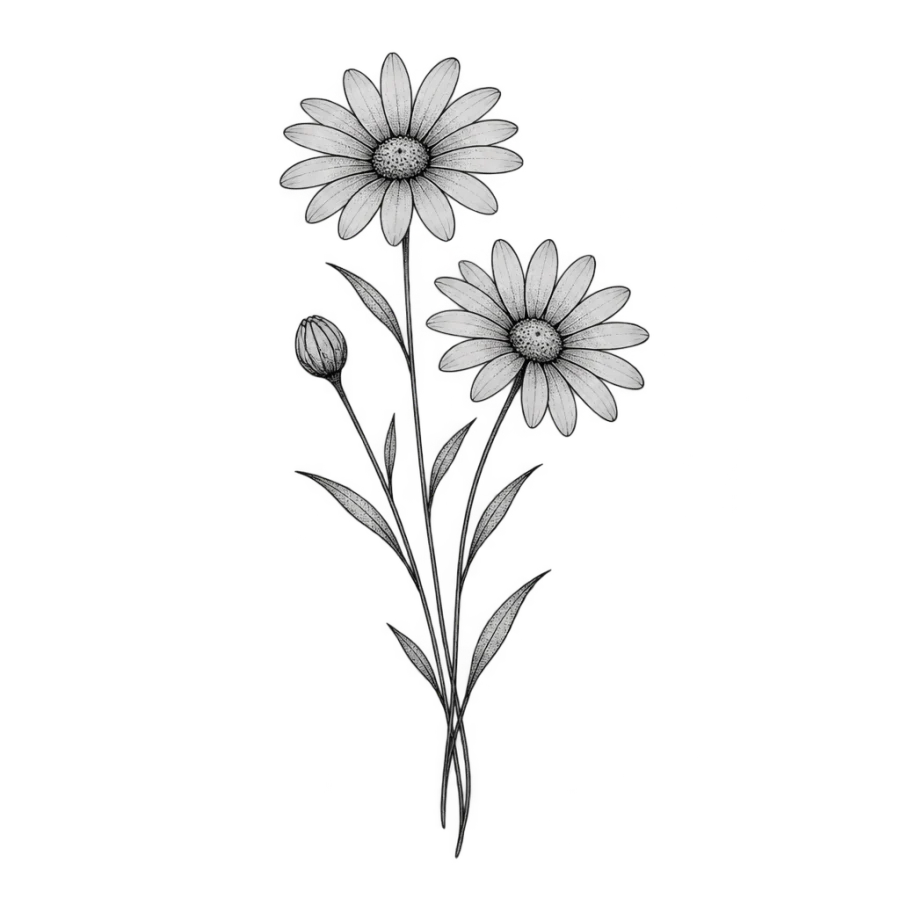 Fine line daisy tattoo design with three slender stems and one bud