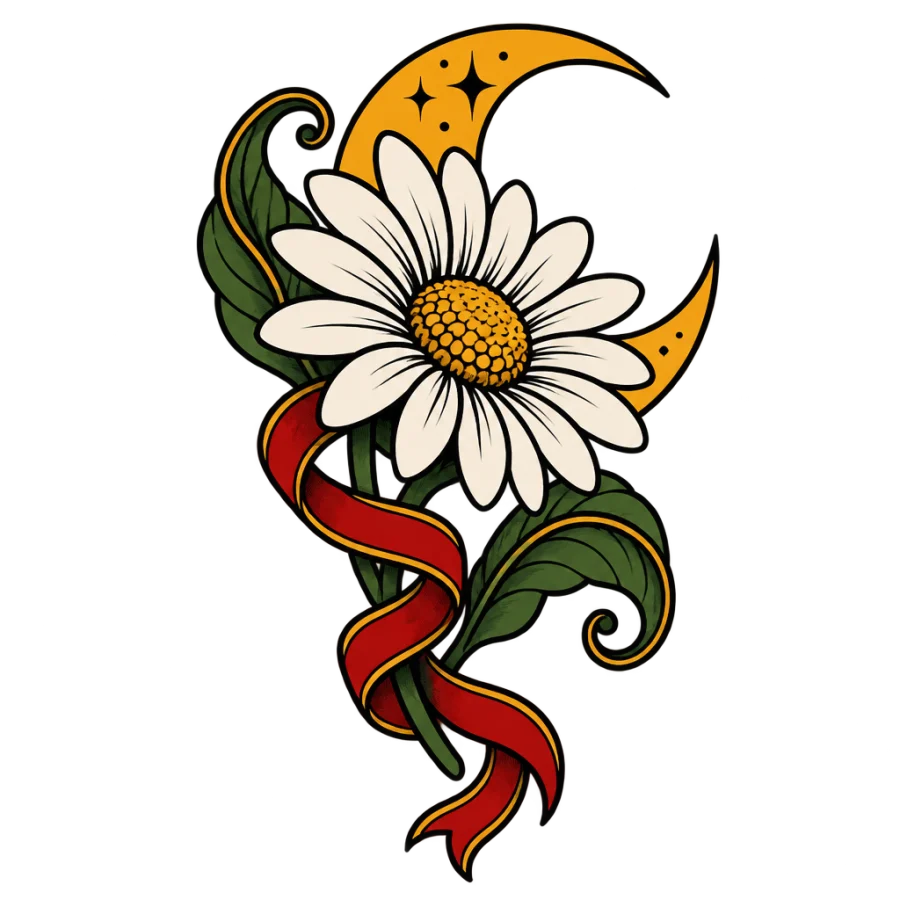 Neo traditional daisy tattoo design with a crescent moon and trailing ribbon