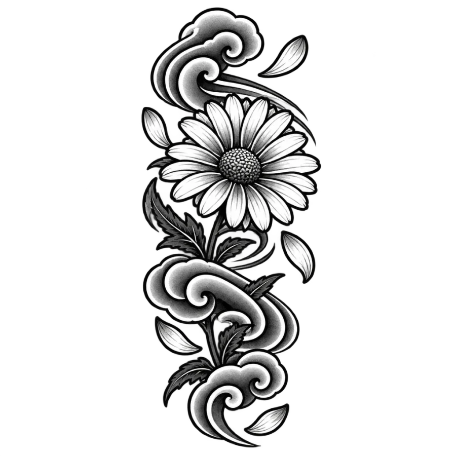 Japanese irezumi daisy tattoo design with wind bars and drifting petals