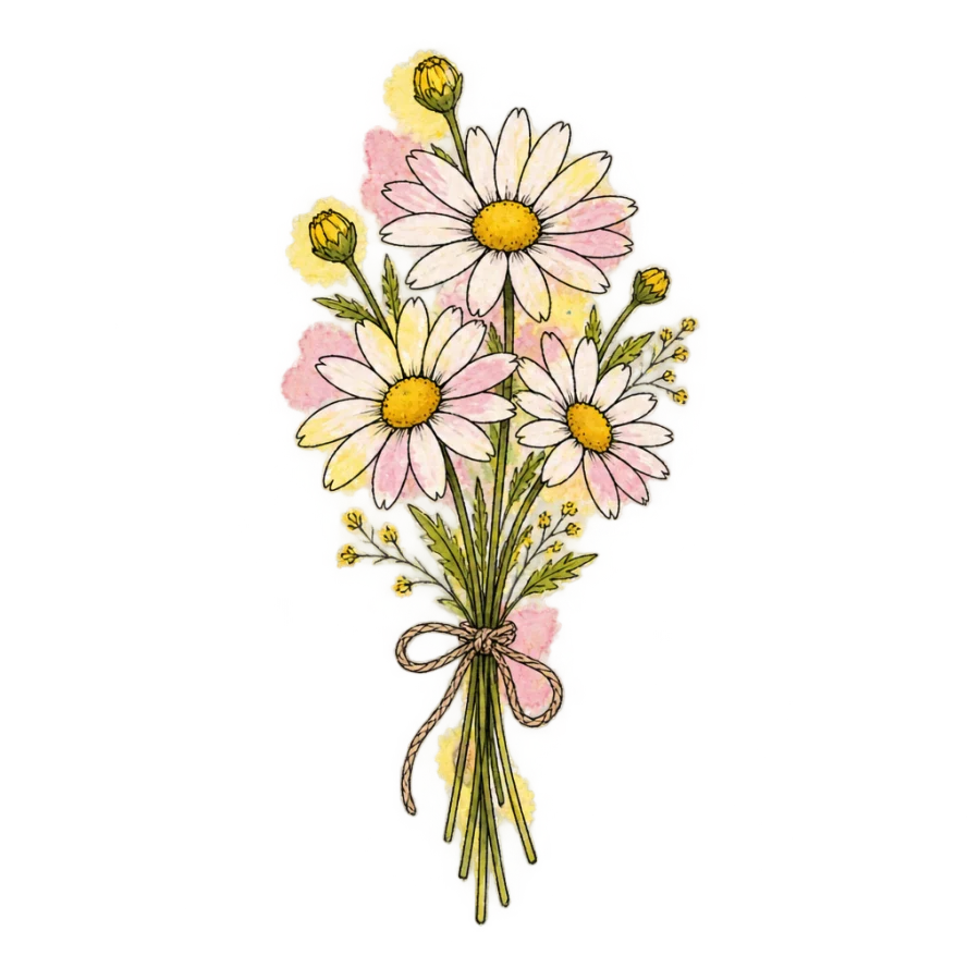 Watercolour daisy tattoo design of a small posy tied with twine