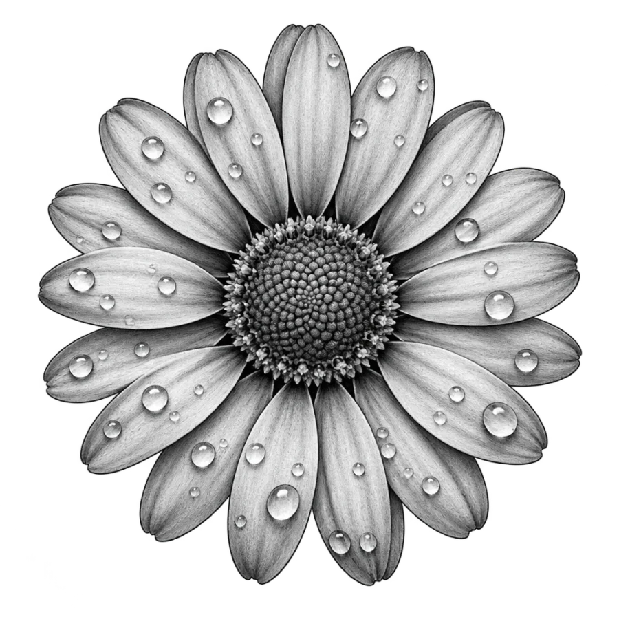 Black and grey realism daisy tattoo design with dewdrops on soft petals