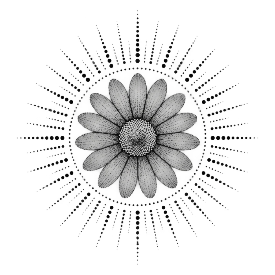 Dotwork daisy tattoo design inside a stippled sun ray medallion