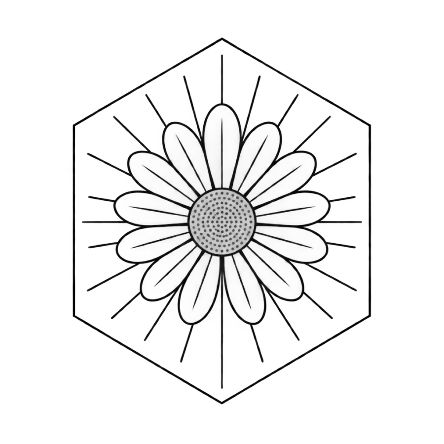 Geometric daisy tattoo design centred in a hexagon with fine rays
