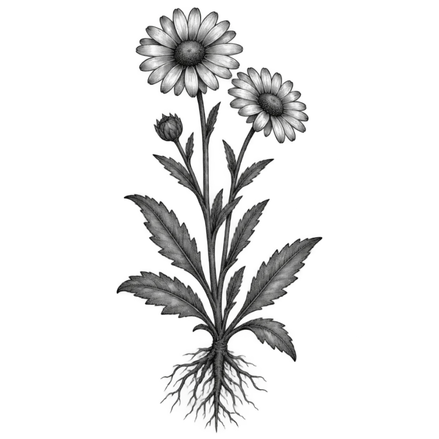 Engraved daisy tattoo design as a botanical plate with root and leaves