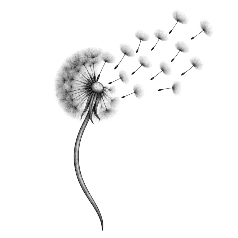 Fine line dandelion tattoo design with seeds drifting away on the wind