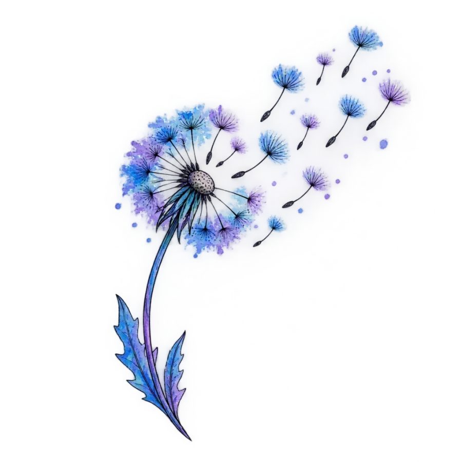 Watercolor dandelion tattoo design in blue and violet with lifting seeds