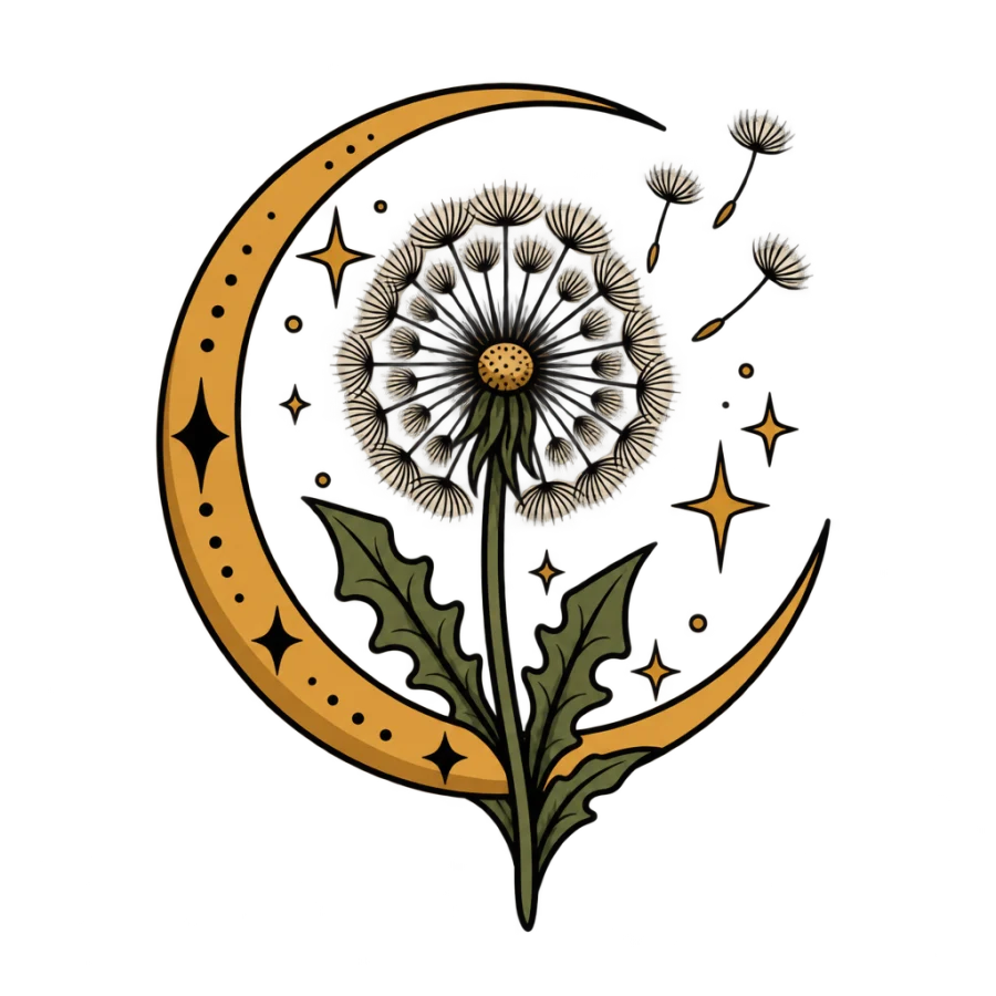 Neo traditional dandelion tattoo design set inside a crescent moon with stars