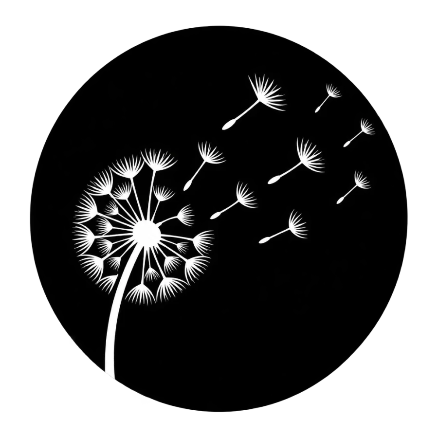 Blackwork dandelion tattoo design cut as negative space from a black circle