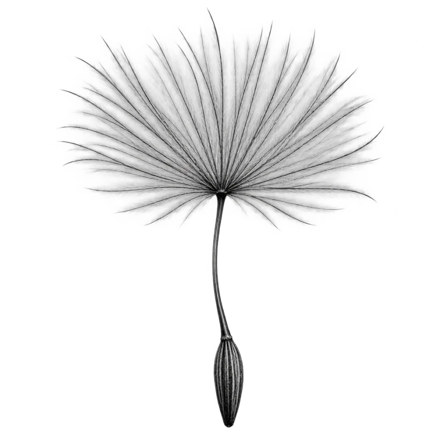 Black and grey realism tattoo design of a single enlarged dandelion seed