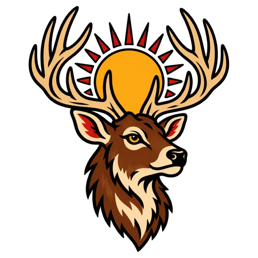 American traditional stag tattoo design with a wide antler rack and sun