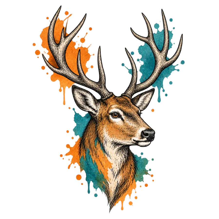 Watercolor stag tattoo design with autumn orange and teal washes