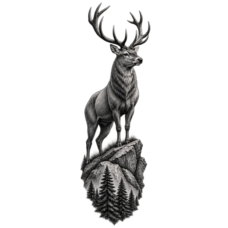 Black and grey realism stag tattoo on a ridge above a pine forest