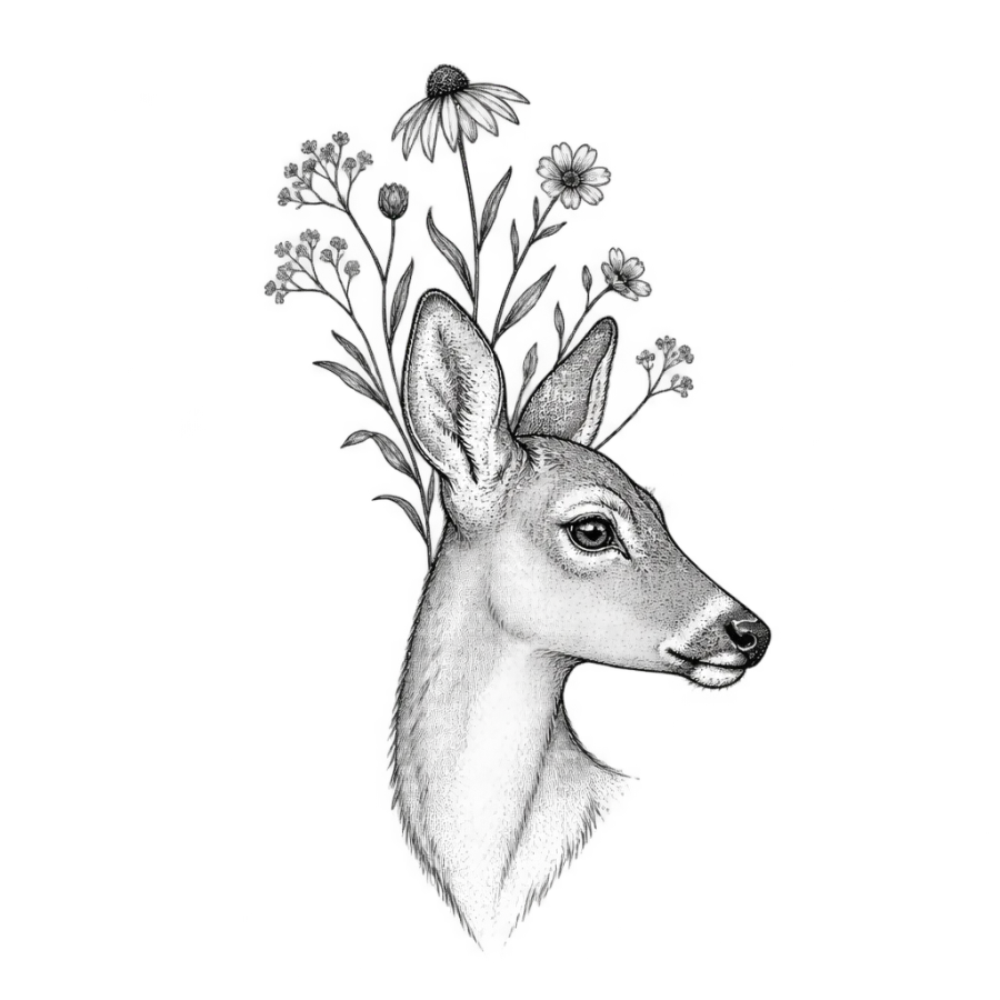 Fine line doe tattoo design in profile with wildflowers behind the ears