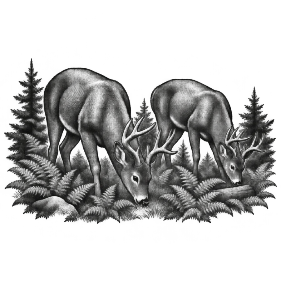 Woodcut engraving tattoo of two bucks grazing in a fern clearing