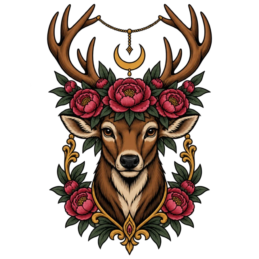 Neo traditional deer tattoo with a peony crown and crescent moon