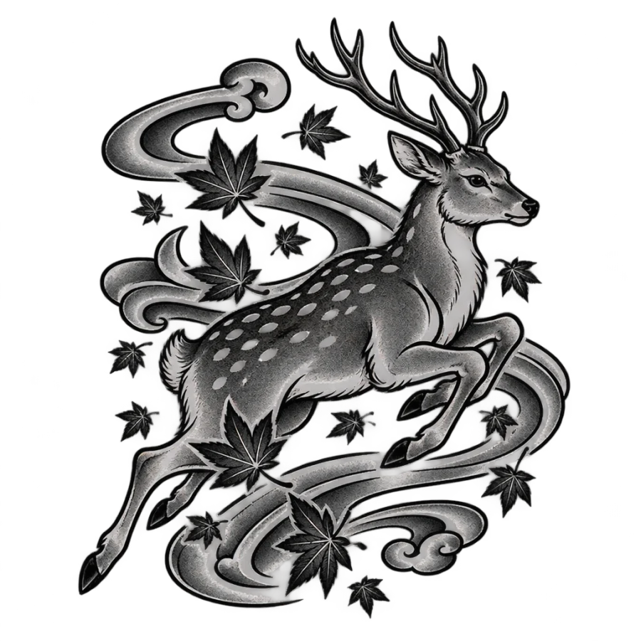 Japanese irezumi deer tattoo bounding through falling maple leaves