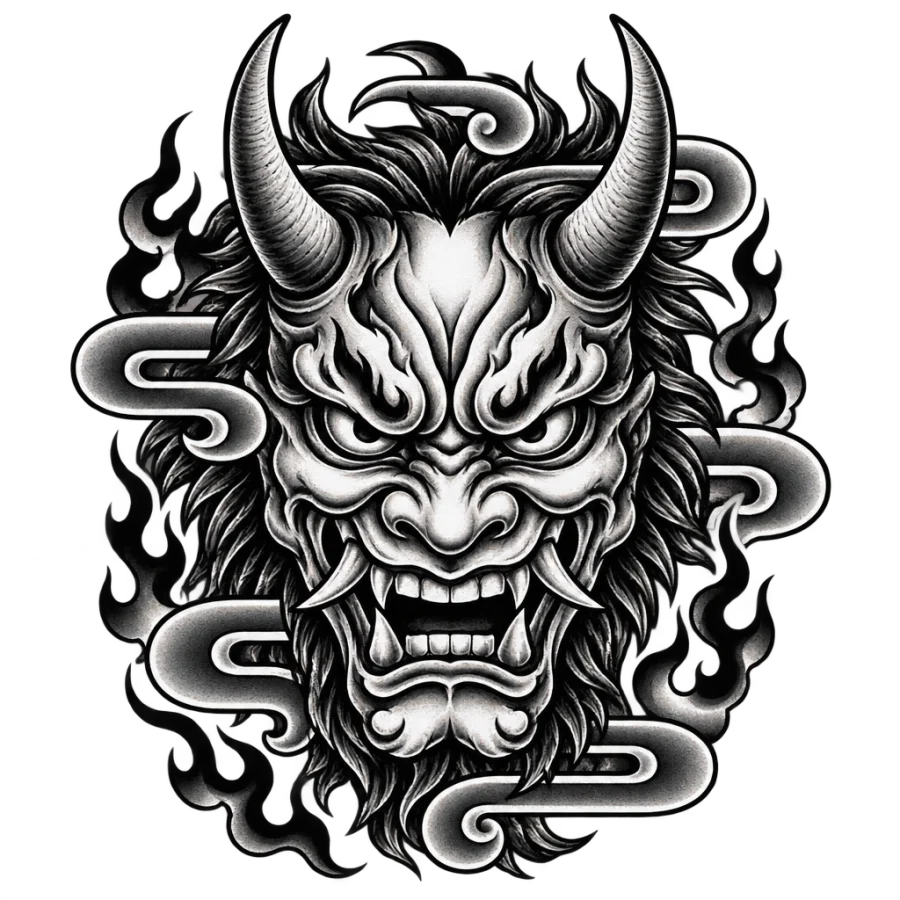Japanese irezumi oni demon mask tattoo framed by wind bars and flames