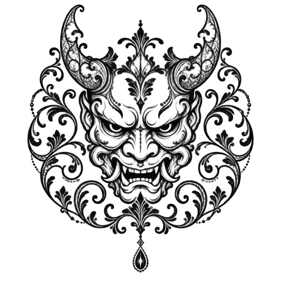 Ornamental filigree demon mask tattoo with lace horns and hanging jewel