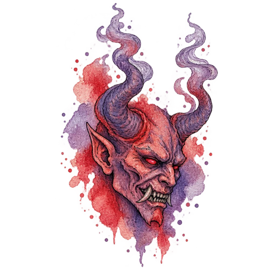 Watercolor demon tattoo with smoking horns over loose colour washes