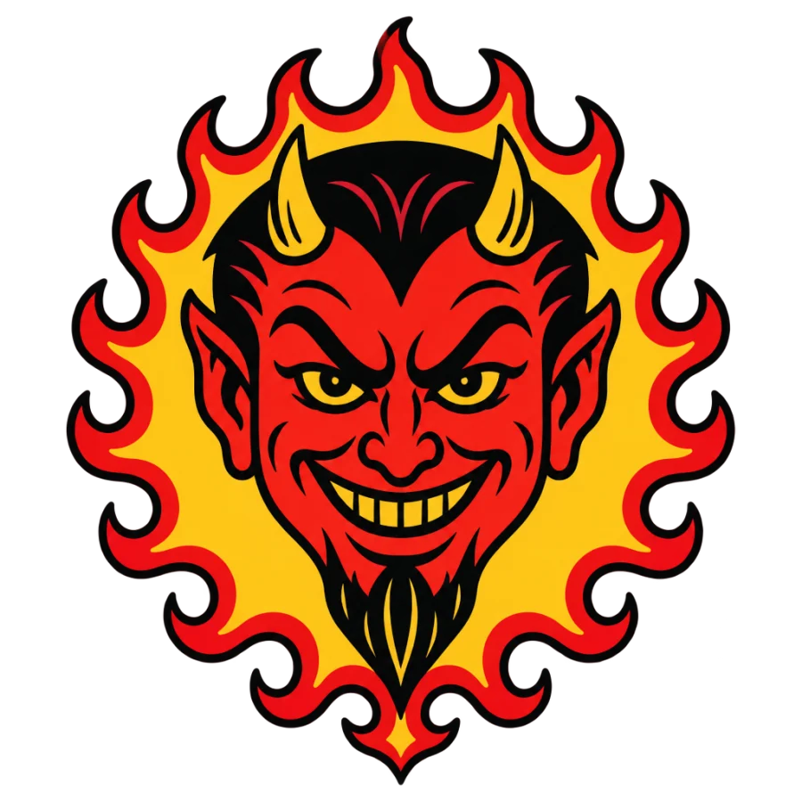 American traditional devil head tattoo ringed by bold flame tips