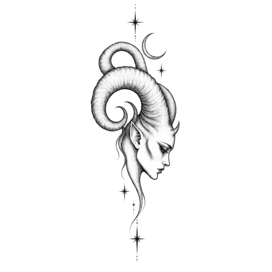 Fine line demon tattoo in profile with curling horns and stars