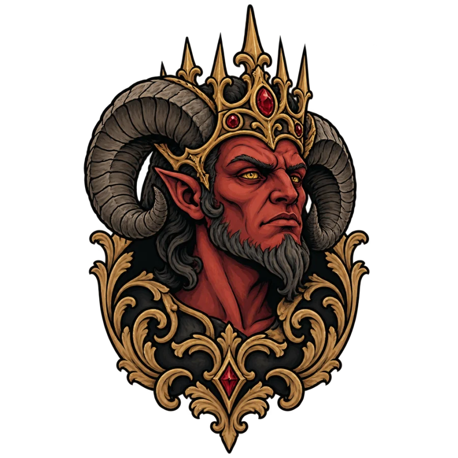 Neo traditional demon bust tattoo with spiked crown and ram horns