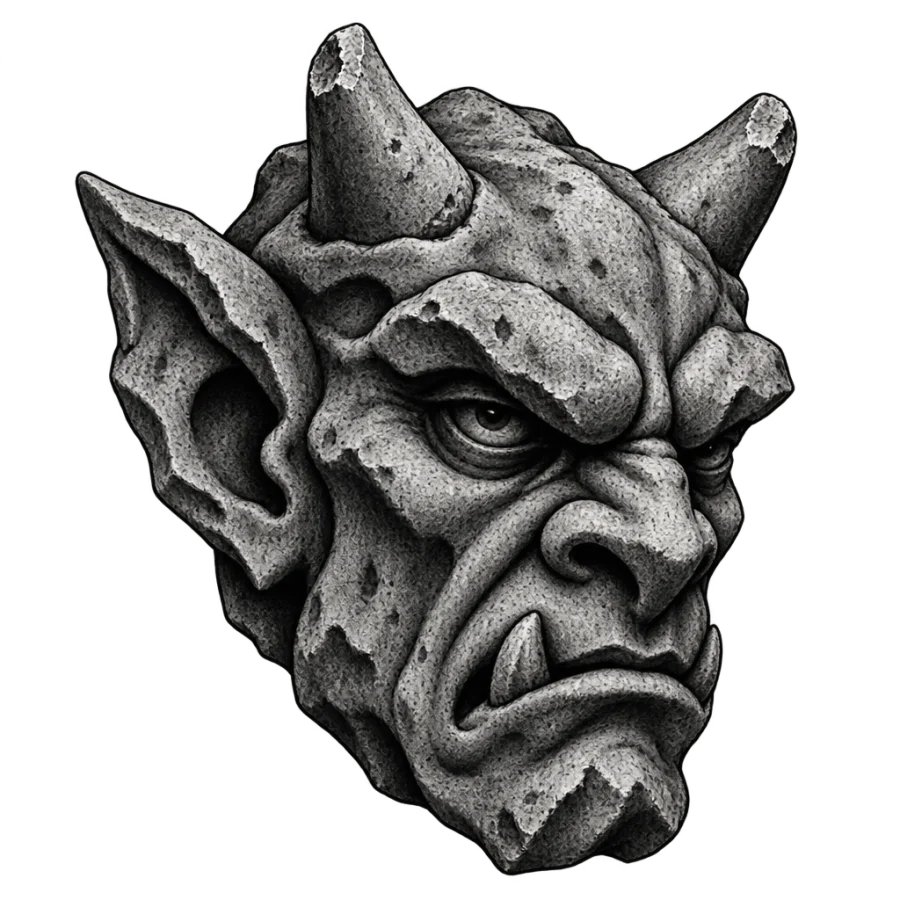 Black and grey realism tattoo of a weathered stone gargoyle face