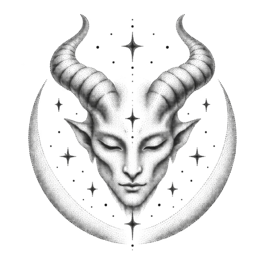 Dotwork demon tattoo resting inside a crescent moon with stars
