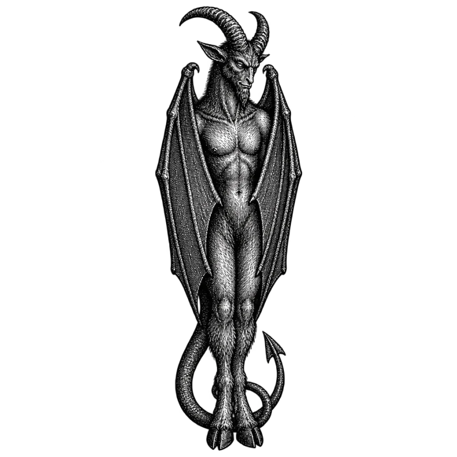 Engraved demon tattoo standing with folded bat wings and curling tail