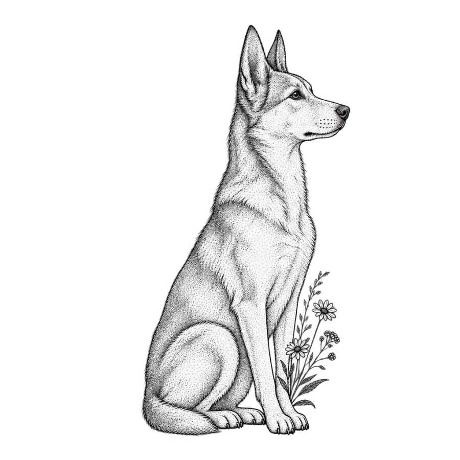 Fine line tattoo of a sitting dog in profile with wildflowers