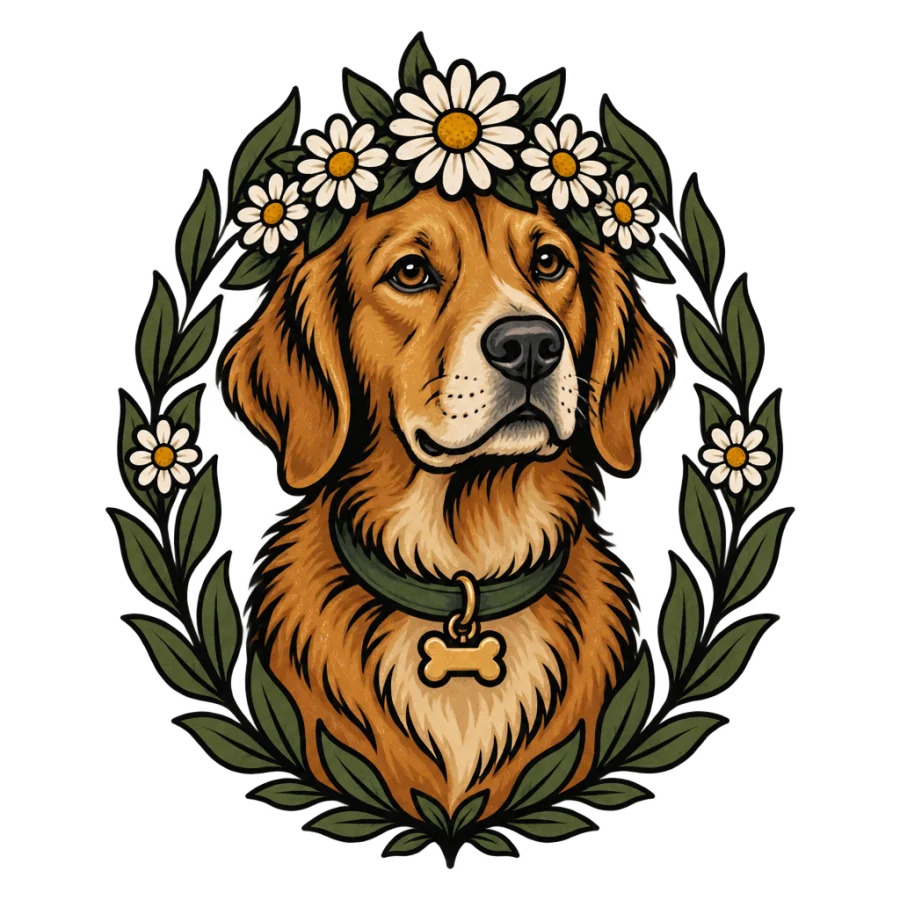 Neo traditional tattoo of a dog in a daisy crown and leaf frame