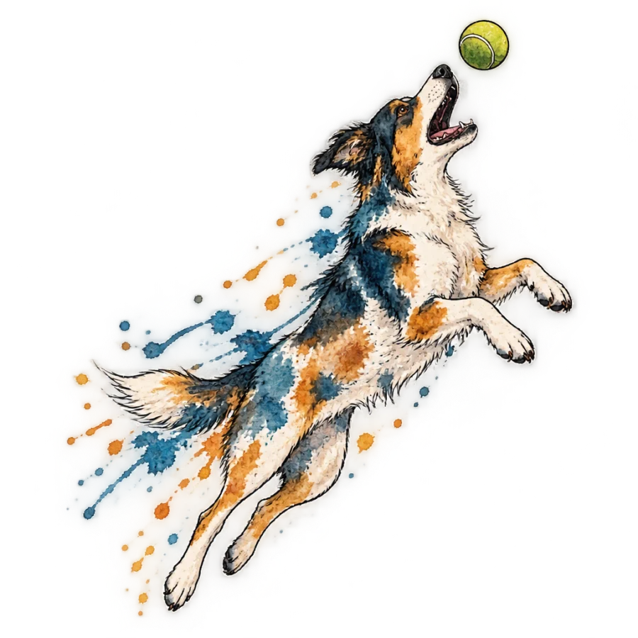 Watercolor tattoo of a dog leaping for a ball with loose splashes