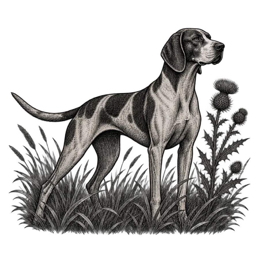 Engraving style tattoo of a hunting hound in tall grass