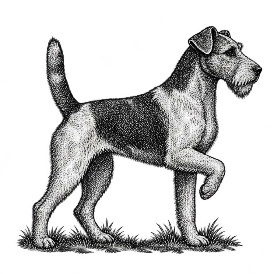 Engraved terrier tattoo design in antique sporting plate hatching