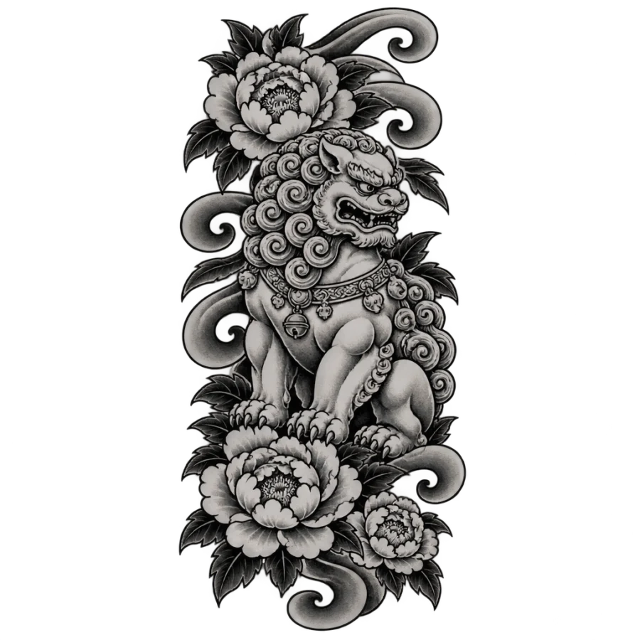 Japanese irezumi tattoo of a guardian lion dog among peonies
