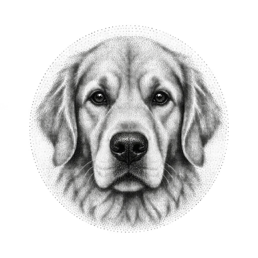 Dotwork stippled tattoo of a dog portrait in a round medallion