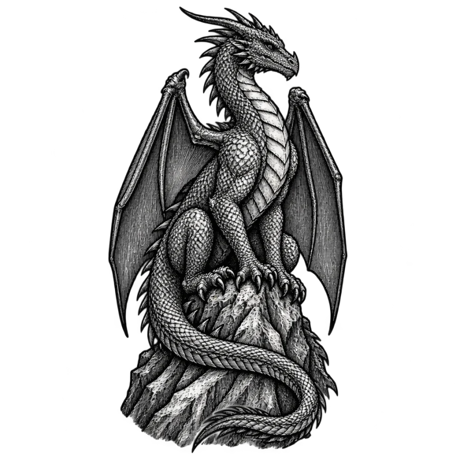 Engraved dragon tattoo design perched on a crag with folded wings