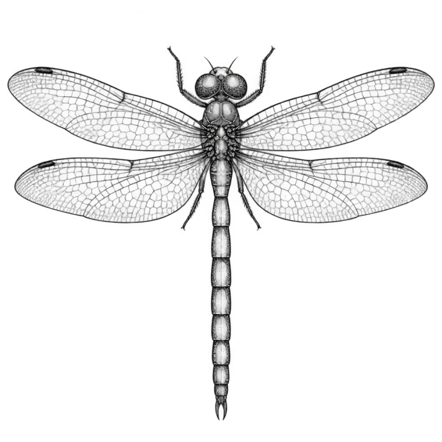 Fine line dragonfly tattoo design with spread veined wings and dotwork body
