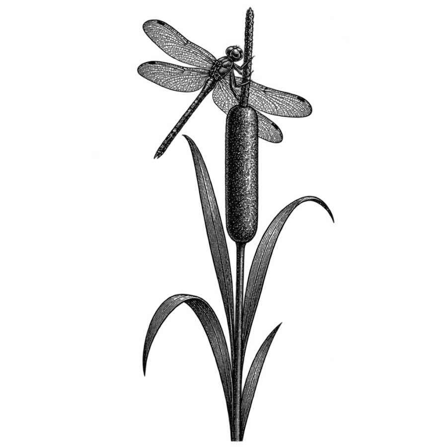 Engraving style dragonfly tattoo design perched on a hatched cattail reed