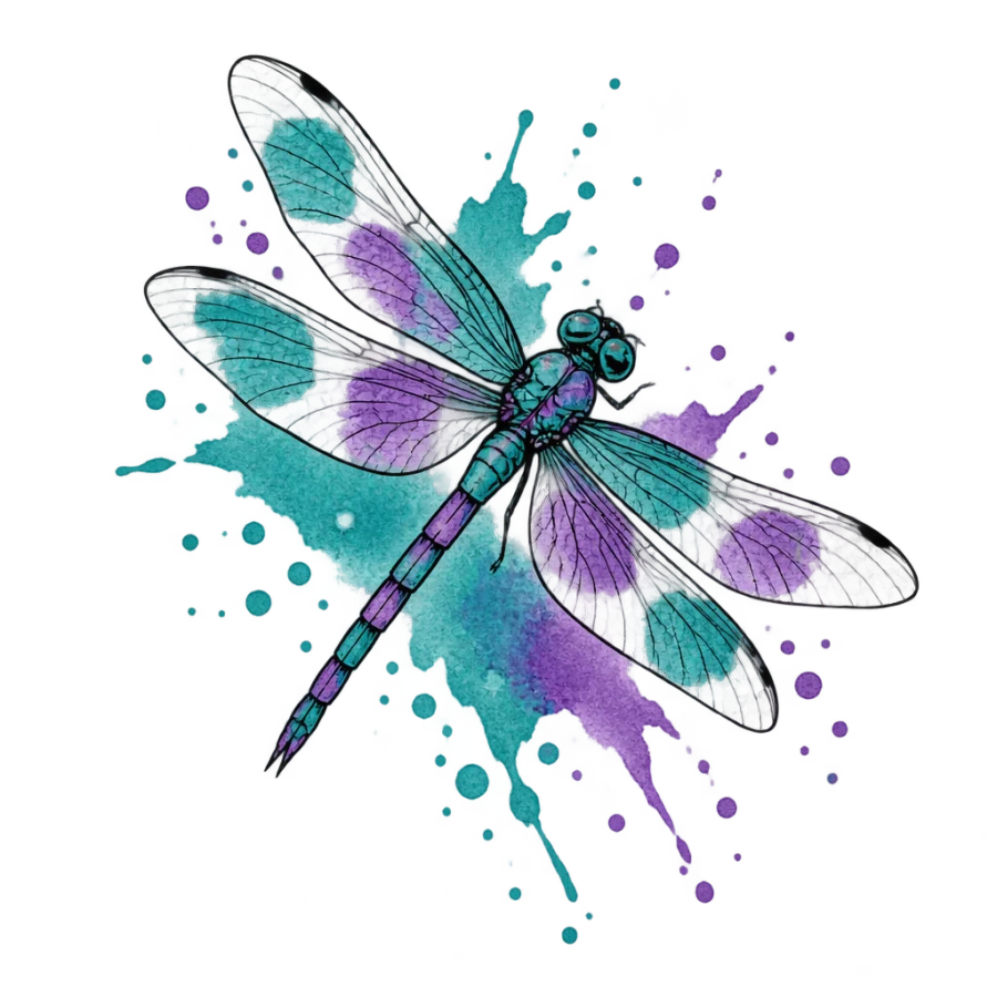 Watercolour dragonfly tattoo design in flight over teal and violet washes