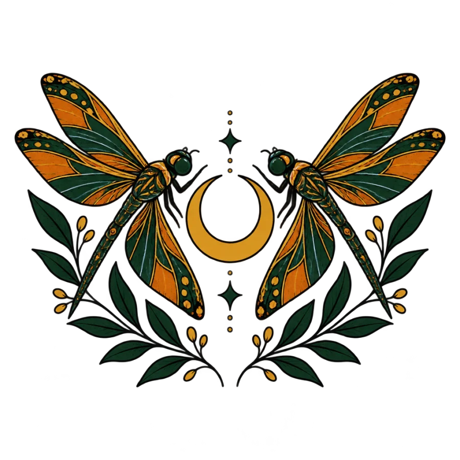 Neo traditional dragonfly tattoo design with two mirrored wings around a moon