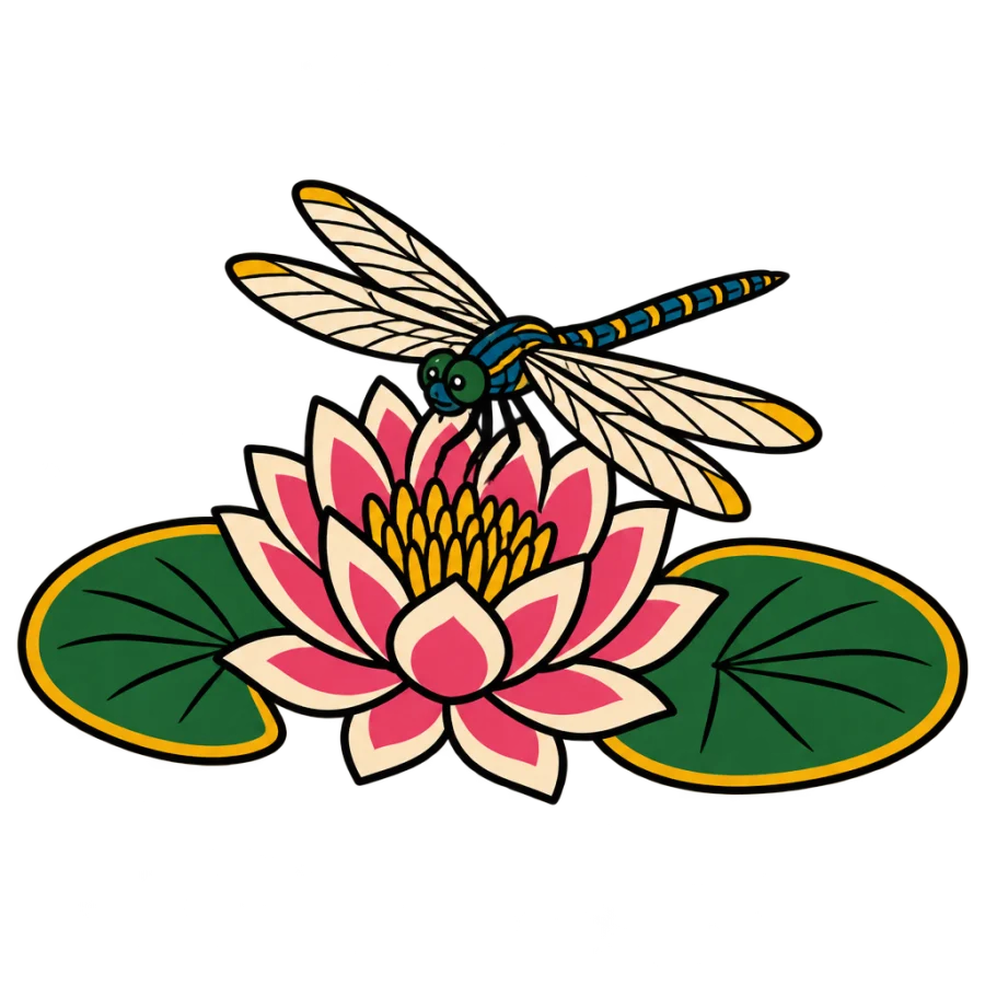 American traditional dragonfly tattoo design resting on a bold water lily