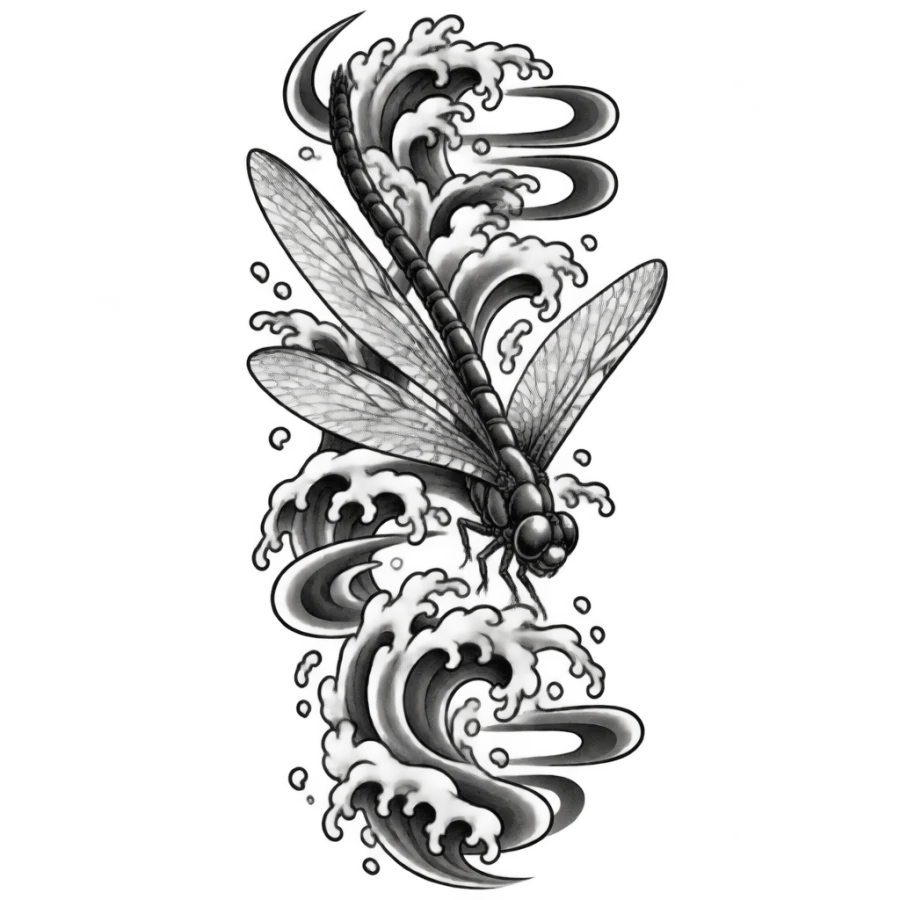 Japanese irezumi dragonfly tattoo design diving through water splashes and wind bars