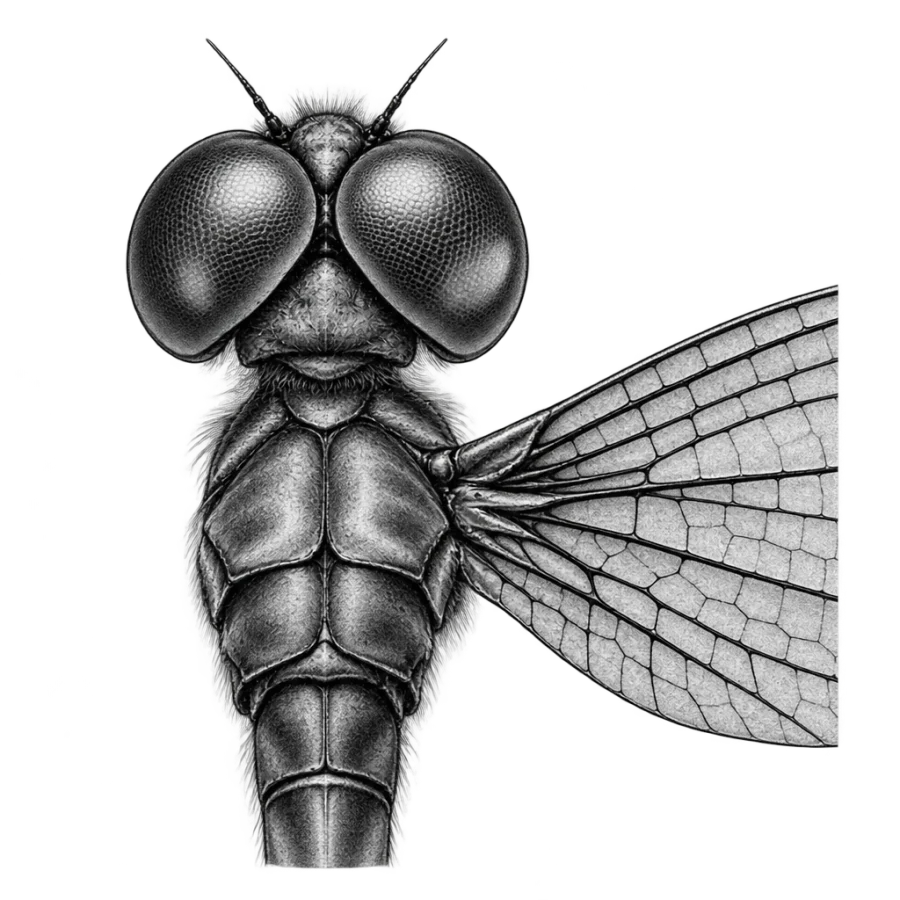 Black and grey realism dragonfly tattoo design showing compound eyes close up