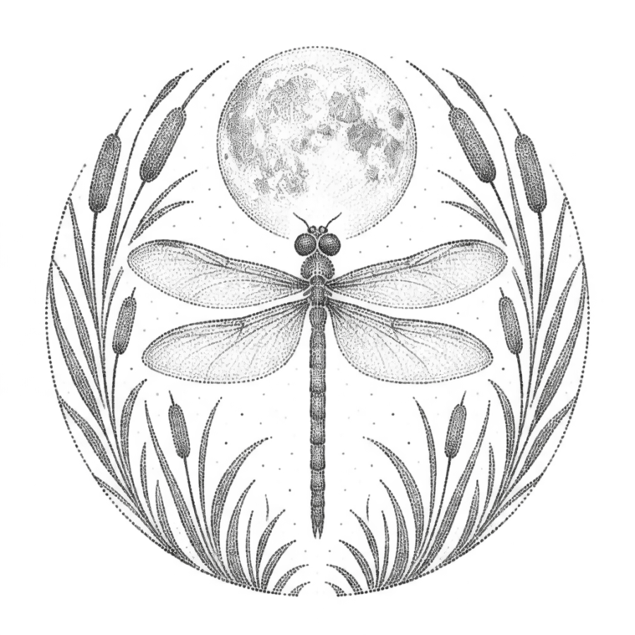 Dotwork dragonfly tattoo design inside a round moon and reed medallion