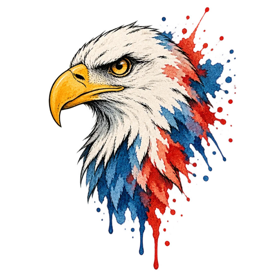 Watercolor eagle head tattoo design with splashes trailing off the neck