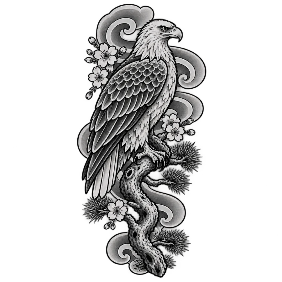 Japanese irezumi eagle tattoo perched on pine with wind bars and blossoms