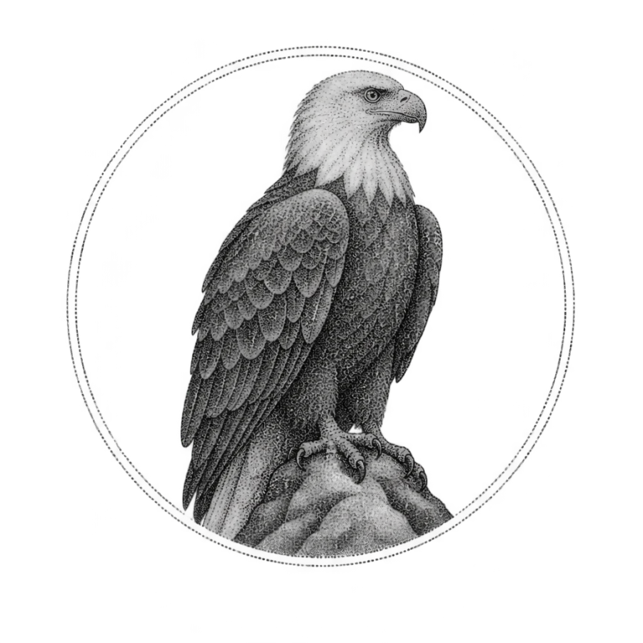 Dotwork eagle tattoo design perched at rest inside a round medallion