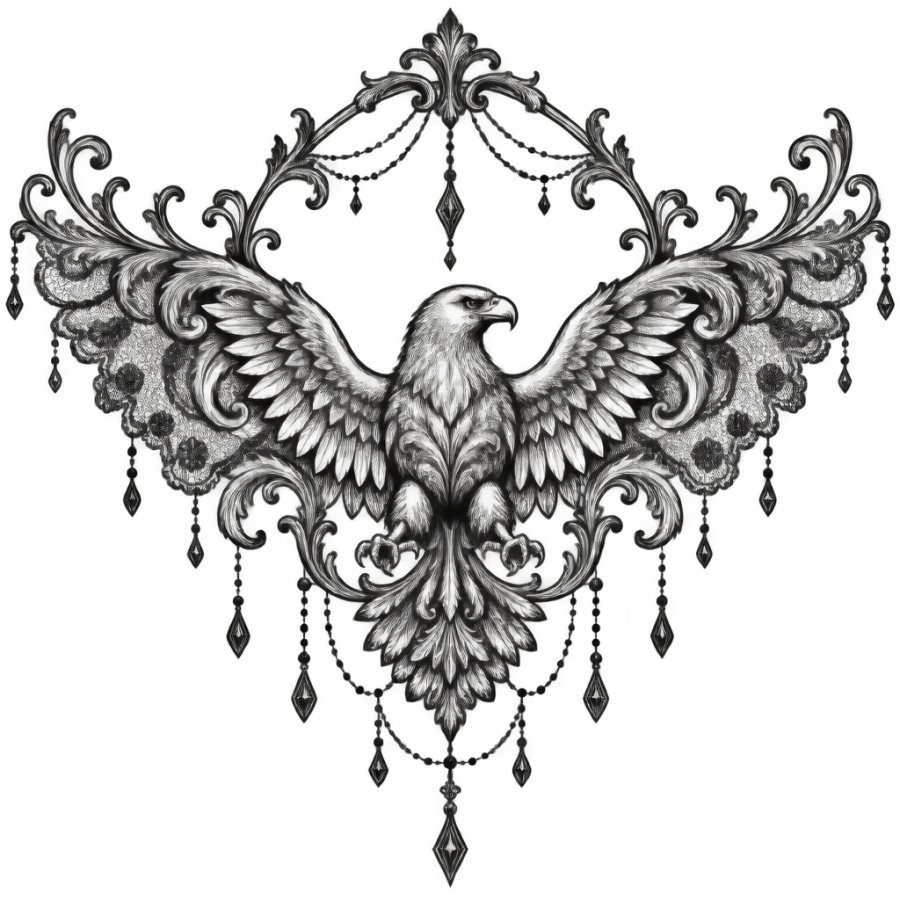 Ornamental filigree eagle tattoo design with wings dissolving into scrollwork